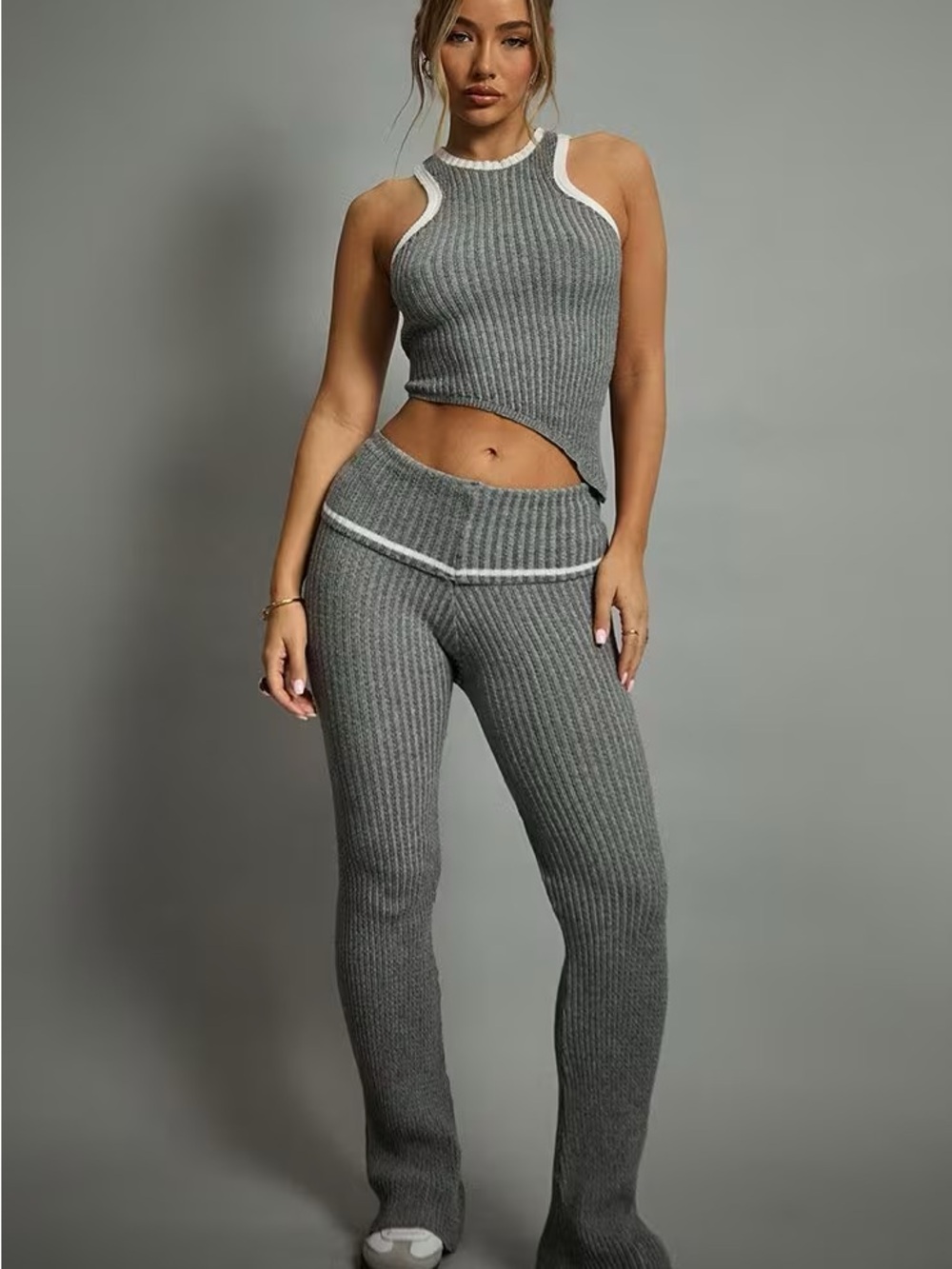 EGO Gray Ribbed Flare Pants & Tank Set with White Trim
